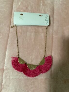 Icing Hot Pink Fringe Necklace with Gold Accents NWT